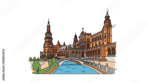 Beautiful Spanish Plaza de España Architecture Drawing.