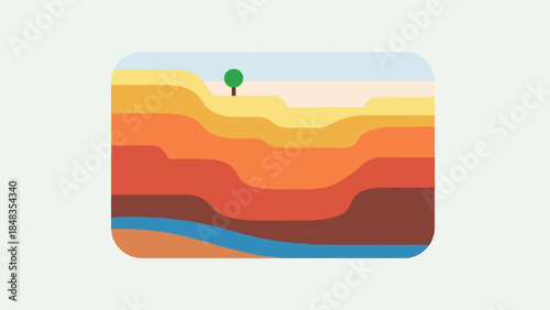 Minimalist illustration of geological layers with a single tree and underground river.