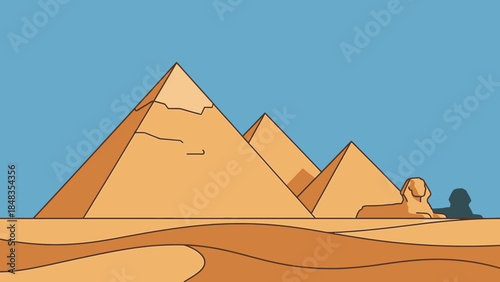 Iconic Egyptian Pyramids and Sphinx in Desert Landscape.