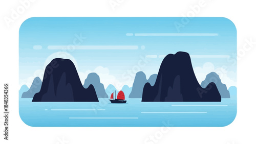 Traditional Asian Junk Boat Sailing Through Serene Ocean Waters.