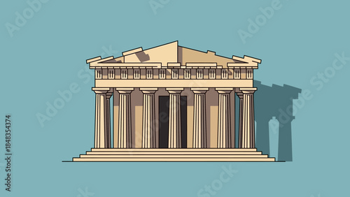 Ancient Greek Temple Building Facade with Columns and Pediment.