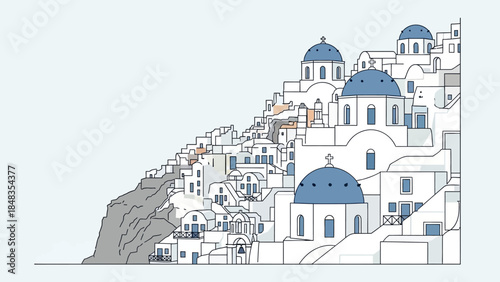 Santorini Greece White Buildings Blue Domes Cliffside Village Illustration.
