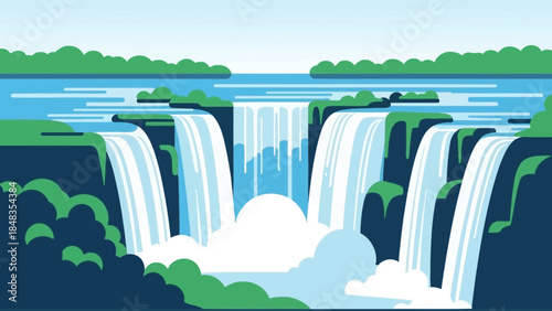 Majestic Waterfall Cascading Down Lush Green Cliffs.