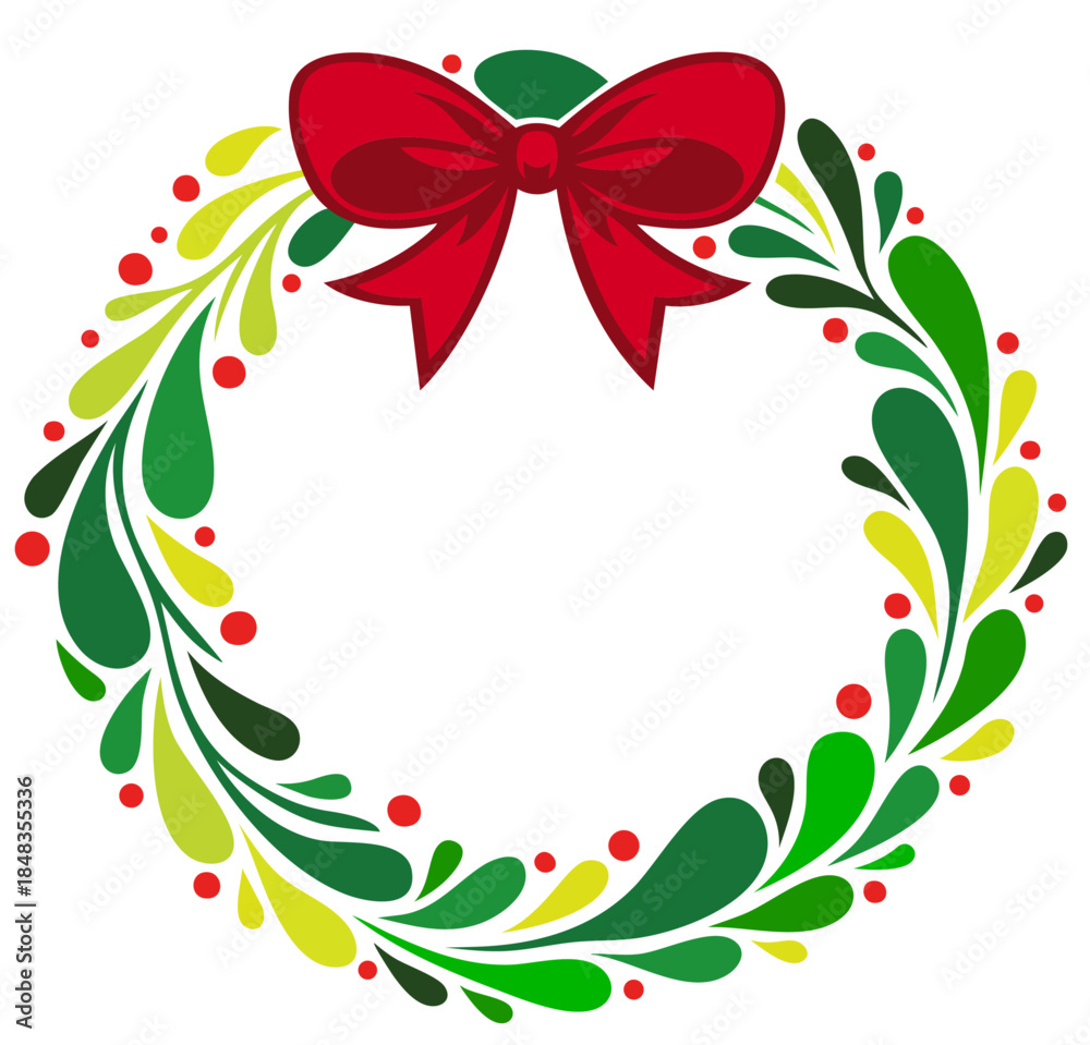 Fototapeta premium Christmas Bow Wreath Frame — Round Decorative Border with Colorful Leaves, Red Bow