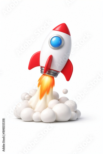 3D cartoon rocket ship launch icon on white background