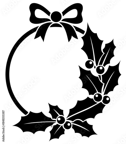 Christmas circle frame with holly leaves, berries and bow —  wreath border for cards