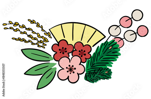 正月飾り（松竹梅、扇、稲、紅白餅花）の線ありイラスト
