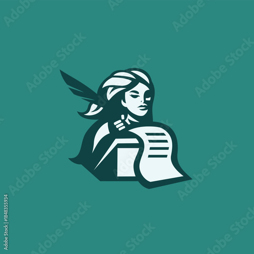 a female medieval scribe writing with a quill logo