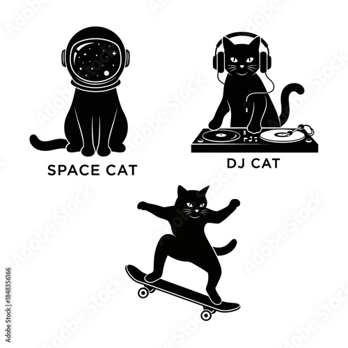 Cool Cats Space Cat DJ Cat and Skateboarding Cat in Black Silhouette.