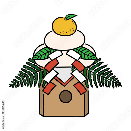 三方に乗った鏡餅の線ありイラスト