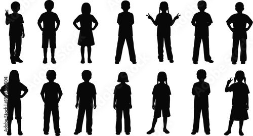 Child silhouette, standing children, diverse poses, kids gesture, black icon, posture variety, hairstyle, clothing, educational, playful, artistic