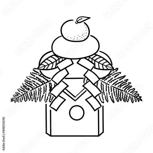 三方に乗った鏡餅の線画イラスト