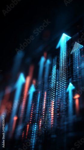Digital blue and orange arrows pointing upward with glowing light effects, symbolizing growth and progress in technology