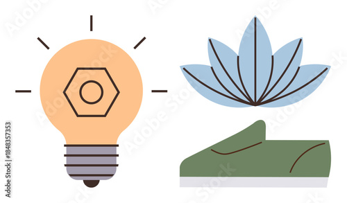 Light bulb for creativity, lotus for mindfulness, green shoe for eco-living. Ideal for innovation, wellness, sustainability, minimalism, eco-design healthy habits productivity. A simple flat
