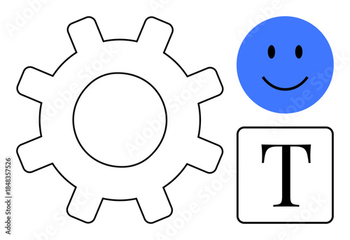 Settings concept. Gear symbol for customization and control, emotion face emotions, text icon for communication. Settings for personalization, digital apps, or interface design ideas. Broad include