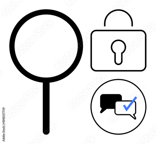 Картината върху платно Magnifying glass, padlock, and speech bubbles with checkmark highlight security,