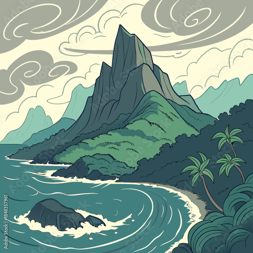 Mountainous landscape overlooking turquoise waters