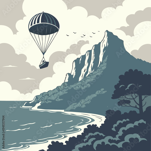 Parachute descending near coastal cliffs