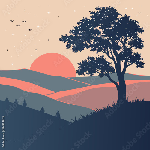 Sunset over rolling hills