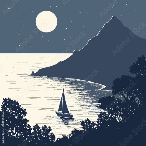 Sailboat under moonlit mountain