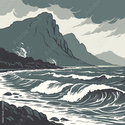 Stormy seas against rugged cliffs