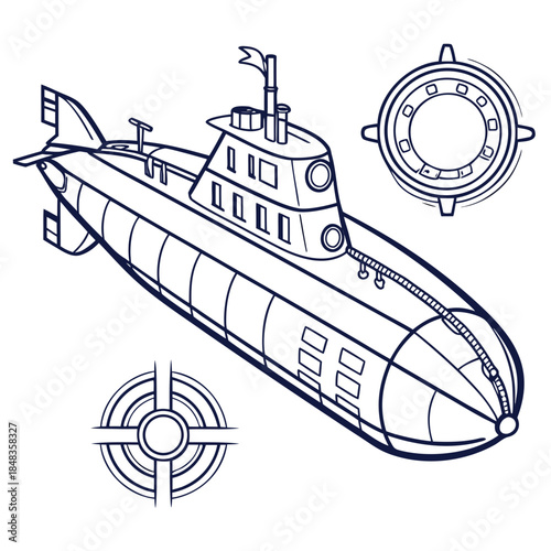 Illustrated submarine with navigation symbols