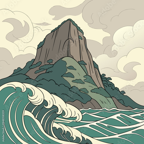 Majestic mountain amidst turbulent waves