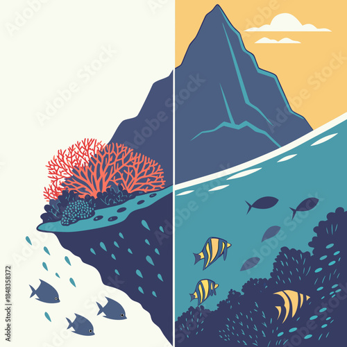 Underwater coral reef and mountain landscape