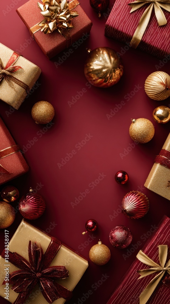 Fototapeta premium A festive arrangement of gifts and ornaments in red and gold, evoking a celebratory atmosphere perfect for the holiday season.