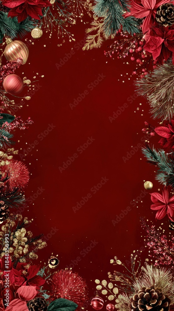 custom made wallpaper toronto digitalA beautifully decorated border with festive flowers, ornaments, and greenery, set against a rich red background, perfect for holiday-themed designs.