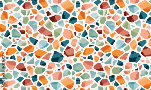 Trendy crazy paving seamless wallpaper, Geometric dense terrazzo texture with earth tone chips, Modern composite stone illustration