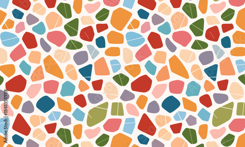 Seamless colorful terrazzo pattern, Abstract mosaic texture with organic rounded river stones in red, green, and lilac purple, Modern pebble background