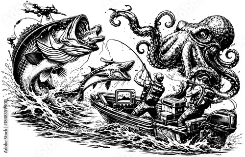 Vintage Epic Fishing Battle Engraving T Shirt Design, Inverted Black White Xerography Vector on Transparent Background