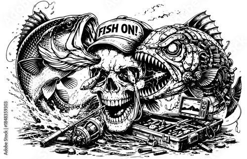 Vintage Fishing Season Skeleton Engraving T Shirt Design, Inverted Black White Xerography Vector on Transparent Background