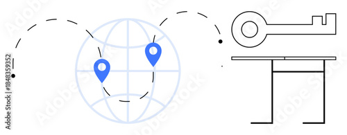 Cybersecurity, global protection, data privacy, location tracking, secure access, user authentication. Globe with pins, a key and connection lines. Cybersecurity and global protection concept