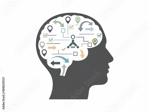 Wallpaper Mural An illustration showing a human head silhouette with structured flowcharts, arrows, and check icons inside the brain, symbolizing decision making, planning, problem solving, and cognitive processes. Torontodigital.ca