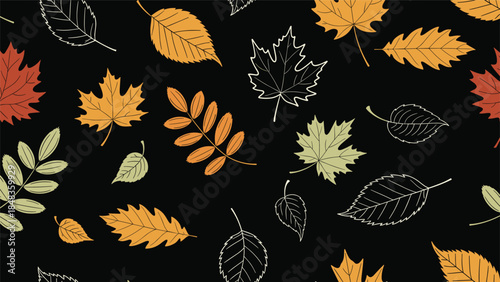 A beautiful seamless autumn pattern with colorful and outlined leaves scattered across a contrasting dark black background for design.