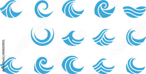 Minimal blue ocean wave logo icons set, abstract water swirl symbols and modern sea wave shapes for branding design