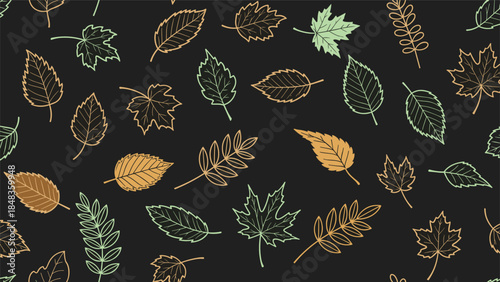 A stylish seamless pattern of sketched autumn leaves in green and orange tones on a dark background, creating a chic textile design.