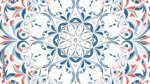 An elegant seamless kaleidoscope pattern featuring intricate symmetrical floral and ornamental motifs in blue, red, and neutral tones.