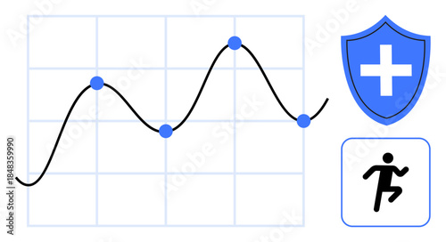Health monitoring, data tracking, fitness analysis, medical protection, wellness trends, healthcare. Graph with data points, shield with cross running icon. Health monitoring and data tracking