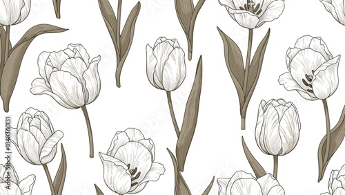 A sophisticated seamless floral pattern of hand-drawn white tulips in a vintage engraving style, set on a clean white background.