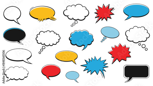 A large and varied collection of colorful, hand-drawn comic book speech bubbles, thought clouds, and explosion shapes for dialogue.