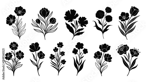 A stylish collection of ten unique flower bouquets, presented as bold black silhouettes with intricate and simple floral designs.