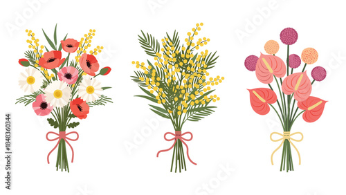 A lovely set of three distinct and colorful flower bouquets, featuring poppies, daisies, mimosa, and anthuriums for various occasions.