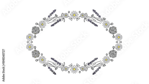 A delicate, hand-drawn oval floral frame or wreath made of daisies, lavender, and other wildflowers with copy space in the center.