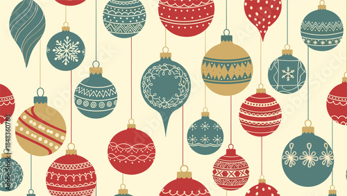 A retro-style seamless Christmas pattern with beautifully detailed, ornate holiday ornaments hanging on a light, neutral background.