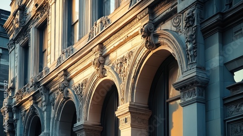 Ornate building facade, sunset light, city street, architectural detail, design use