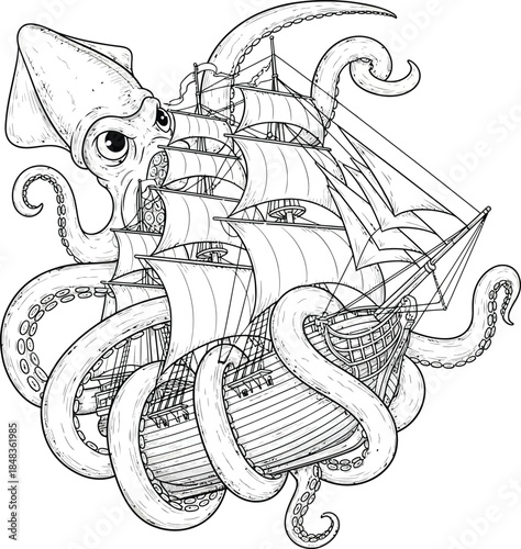 Black and white line art illustration of a giant kraken squid attacking a tall sailing ship with its tentacles.