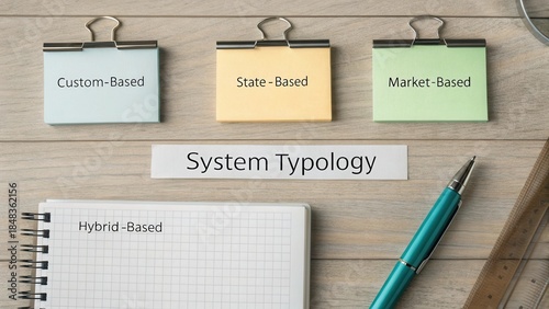 System Typology Concepts with Colorful Notes and Pen on Wooden Desk for Business Analysis and Strategic Planning